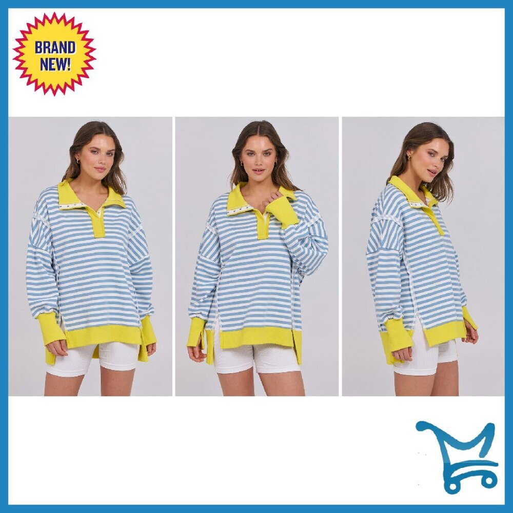 Oversized Henley Sweatshirt, Rayon Polyester Blend, High Low Split - Picture 8 of 8